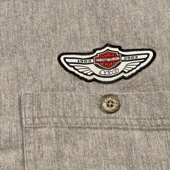 ~Harley Davidson 2003 100th Anniversary Gray Cotton Button XL Shirt Embroidered - Picture 4 of 6